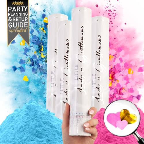 PrimePure Gender Reveal Sparacoriandoli - Polvere Biodegradabile Fumogeno e Coriandoli a Forma di Cuore - Blu o Rosa, Confezione da 4 - Cannoni Spara Coriandoli Fumogeni per Gender Reveal Party
