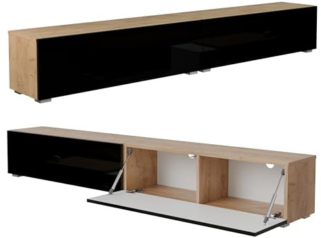 PLATAN ROOM Fernsehschrank TV-Lowboard 105/140 / 160/210 / 280 In Weiß Hängend Oder Stehend Hochglanz Matt (210 x 30 x 32, Eiche Gold/Schwarz Hochglanz)