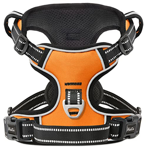 HEELE Hundegeschirr, Zugentlastung, reflektierend, mit gepolstertem Griff, Kontrolle, 2 Metallringe, Geschirr für kleine mittelgroße und große Hunde, Orange, XL