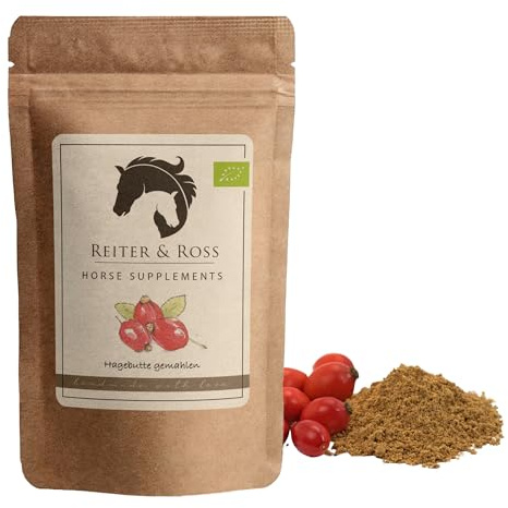 Reiter & Ross Bio Hagebuttenpulver Pferd | gemahlene Hagebutten für Pferde - artgerechtes Einzelfuttermittel | Hagebutten Pferd | 100% Hagebuttenpulver Bio 1kg, plastikfrei verpackt (1000g)