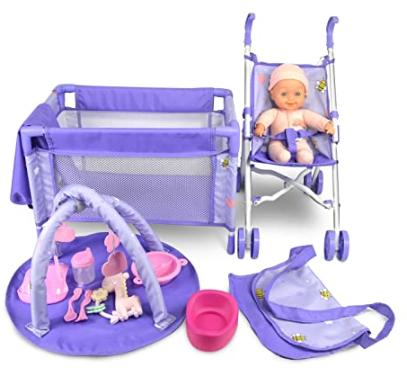ANIVIA Babypuppenwagen - Zubehörset für Babypuppen, bestehend aus Puppenwagen, Puppenwiege, Spielmatte, Rollenspielset für das Kinderzimmer Violett