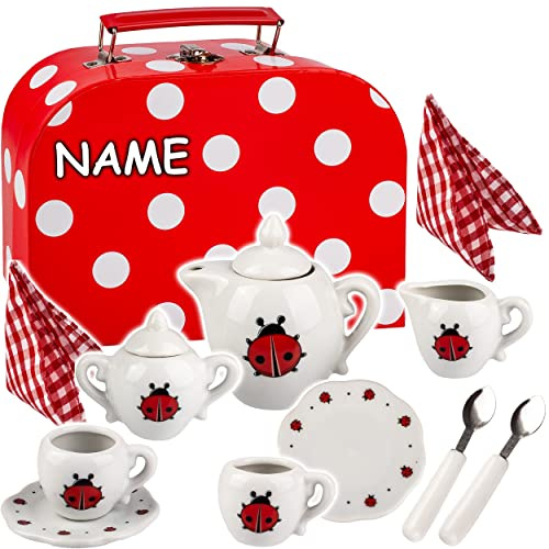 alles-meine.de GmbH 14 TLG. Set Picknick Koffer - Puppengeschirr/Teeservice & Kaffeeservice - Marienkäfer & Punkte - inkl. Name - Geschirr Porzellan/Keramik - Porzellangesc..