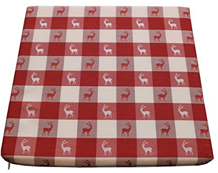 Sitzkissen Karo mit Hirsch in Rot | 1 Stück Stuhlkissen komplett mit Schaumstoff-Füllung 35 x 38 x 3,5 cm | passend zur Landhaus-Serie - langlebig, rot-weiß kariert aus Webstoff mit kleinen Hirschen