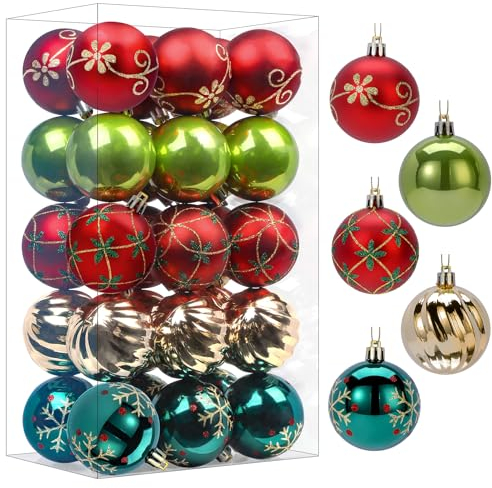 SHareconn Lot de 30 Boules de Noël colorées en Plastique incassable pour Sapin de Noël, décoration de fête, Mariage (60 mm,Rouge Vert & doré)