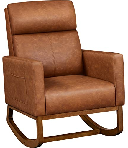 Yaheetech Leather Living Room Chair, Rocking Accent Chair, Modern Nursery Glider Chair with High Back and Side Pocket, Accent Rocker Armchair with Wood Legs for Living Room Bedroom Study, Brown