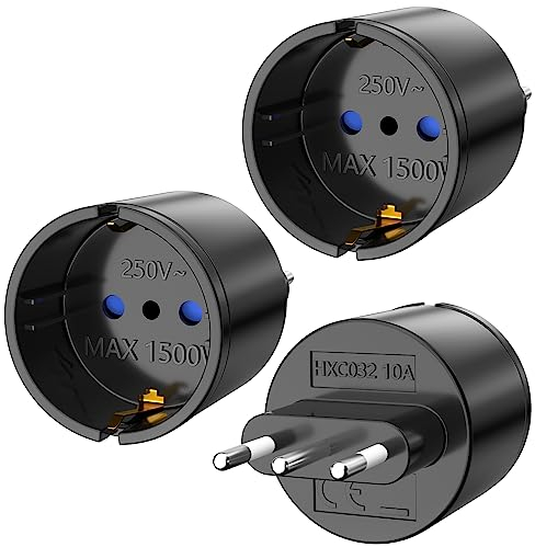 Adattatore da viaggio, 3 Pack DE a IT adattatore spina da viaggio 2 pin Europa a 3 pin Italia spina tipo L adattatore Schuko EU to Italia Cile Nero