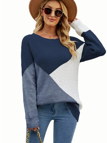 Pullover Suéter para Mujer Jersey Punto Mujer Cuello Holgada Cómoda Manga Larga Blusas Moda Suelto Jersey de Colores Patchwork Mujer Collage Sweatshirt Tops Otoño Invierno(Azul,S)
