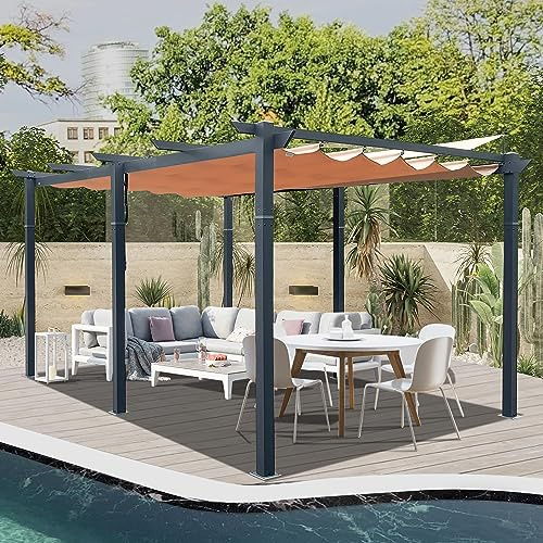 Domi Outdoor Living 11’ X 16’ Outdoor Retractable Pergola with Weather-Resistant Canopy Aluminum Garden Pergola Patio Grill Gazebo for Courtyard (Khaki)