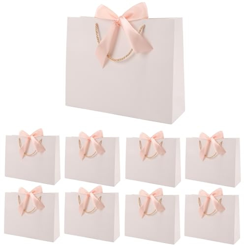 Geschenktüte mit Schleife,Geschenktüte Weiß,Geschenktaschen für Geburtstag, Hochzeit, Festivalfeier, Weihnachten,32 x 25 x 10cm, (Weiß, 8 Stück) (white rose golden)