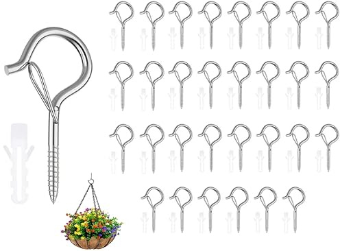 Abiyou Haken zum Schrauben mit Sicherung, 30 Stück Edelstahl Hakenschrauben mit Sicherung, Schraubhaken Edelstahl, Einschraubhaken, Haken zum Schrauben, für Pflanzenkörben, Vogelhäuschen (Silber)