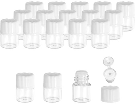 PATIKIL 1 ml flaskor med eteriska oljor, 18-pack genomskinliga glasflaskor med öppningsreducerare, provflaska, smal skruvlock, förvaringsflaskor, behållare, vit