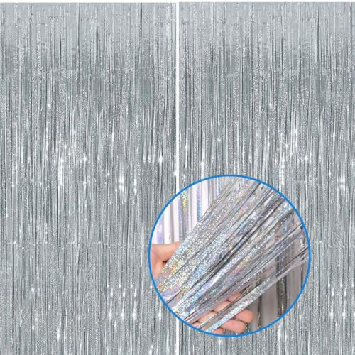Silvester Lametta Vorhang Silber Glitzer, Folie Fransen Vorhang Schimmer, Metallic Tinsel Vorhange Hintergrund Fringe Glitzervorhänge Fransenvorhang Metallfolie fur Party Deko Geburtstagsdeko -2stk-