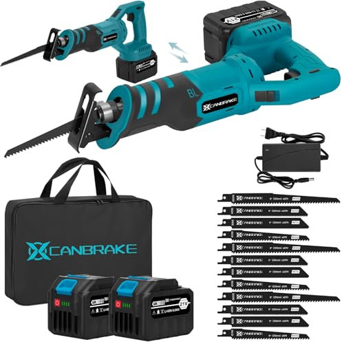 Canbrake Cordless Rotated Handle Reciprocating Saw, 2 x 6.0Ah Battery, 12Pcs Blades, 28MM Stroke, 180° Cutting Angle, Wood/Metal/PVC