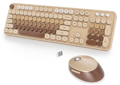 SbocKeeb Kabellose Tastatur und Maus, 104 Schreibmaschinen Tastatur in Voller Größe mit Nummernblock, Amerikanisch QWERTY,2.4 GHz Braun Tastatur mit Retro Runden Tastenkappen für PC,Colorful Coffee