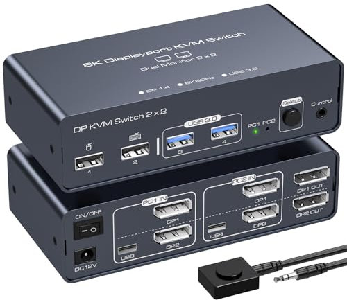 VEDINDUST 8K60Hz DisplayPort KVM Switch 2 Monitors 2 Computers 4K120Hz Aluminium Shared 4 USB Device Support DP1.4 With With Desktop Control