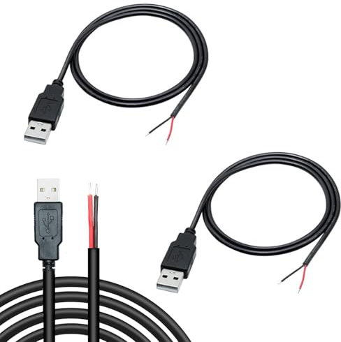 KARELLS USB Pigtail 2 Stück,2 Adriges USB 2.0-Kabel,2 m Langes USB Pigtail,2-poliger blanker Draht mit offenem Ende,Stecker Stromkabel,Verlängerungskabel,5 V 2 A Stecker Stromkabel