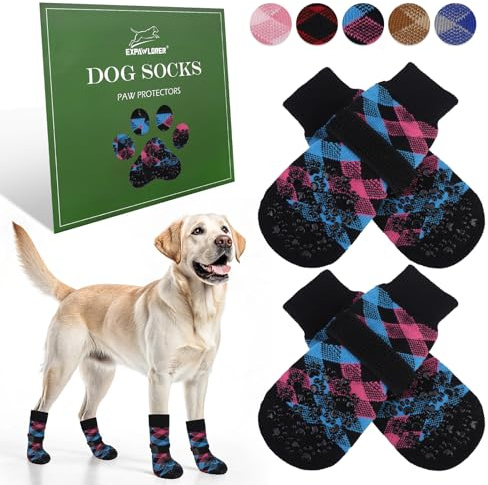 EXPAWLORER 2 Paar Anti rutsch Hundesocken Leckschutz der Pfoten, rutschfeste Pfotenschutz Hund Verletzung für Holzboden, Hundeschuhe Hundestiefel für heißen Boden Outdoor, Blau Rosa M