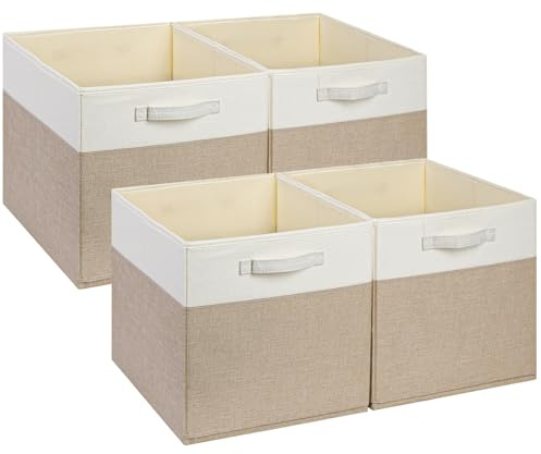 SOCOHOME Aufbewahrungsboxen,30x30x30cm Korb,Flache Stoff-Aufbewahrungskörbe für Kleiderkörbe,Truhen,Spielzeug,Regal(Helles Khaki/Weiß, 4 Pack)