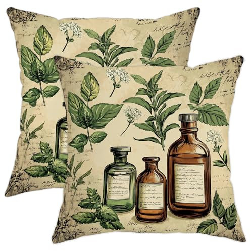 Herbal Pillows Set of 2, Green Vintage Apothecary Bottles and Plants Throw Pillow Covers, Rustic Farmhouse Decor for Home Sofa Couch 16x16 Inch