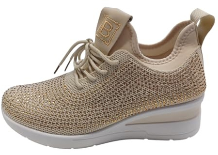 Laura Biagiotti Zapatillas Sneakers 8937 Tejido elástico de calcetín con cordón y tachuelas Memory Foam, beige, 40 EU