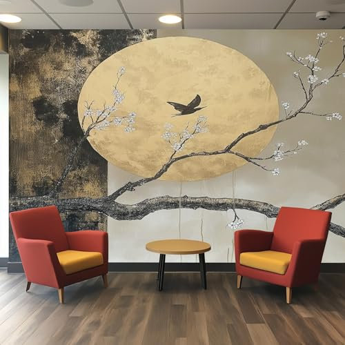 Carta da Parati Zen con Luna Dorata 4 m x 2.8 m, Murali Uccello Fiore Orientale Giapponese, Decorativi per Pareti Camera da Letto Soggiorno, Fotomurale, Poster per Decorazione da Muro
