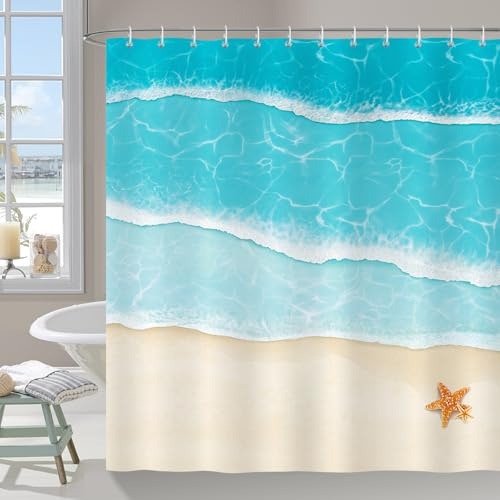 COZZSNUGE Duschvorhang 180 x 180 cm Ozean Strand, Blau Meer Sommer Seestern Küsten Duschvorhänge Anti-schimmel Wasserdicht Polyester Stoff Badvorhang mit 12 Duschvorhangringen