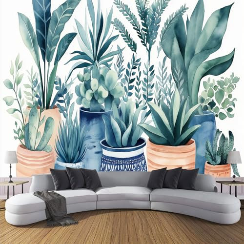 JEDTAKCT Carta Da Parati Fotografica Piante Acquerellate Effetto Vasi Di Fiori Bohémien - Moderna Design Carta Per Pareti Soggiorno Camera Da Letto Fotomurali In Tessuto Seta (300X210Cm)