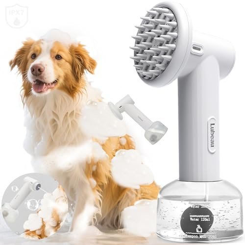 Pet Electric Foaming Shampoo Dispenser with Brush for Dogs Bathing, Soft Brush, Massaging and Grooming, Bubble/Spray Mode, Rechargeable Dog Foam Sprayer Soap Dispenser for Short/Long Haired Pet (weiß)