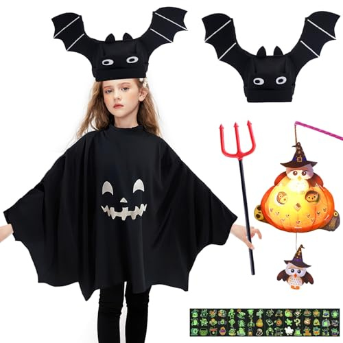 Costume di Halloween per bambini, costume da fantasma, costume da fantasma con cappello a pipistrello, bastone da passeggio, luci di zucca luminose, tatuaggio, costume di carnevale per bambini e