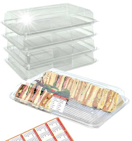 10 x Large (450 x 350 x 75mm) Clear Base Sandwich Platters with Lids & Peelable Allergy Labels - Reusable Catering Trays for Parties, Weddings & Events – Labels Comply with Natasha's Law