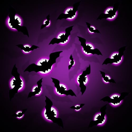 Lot de 24 autocollants muraux 3D chauve-souris - LED violettes - Décoration de fête d'Halloween amovible - Pour l'extérieur, les lampes, la décoration de jardin, les fêtes
