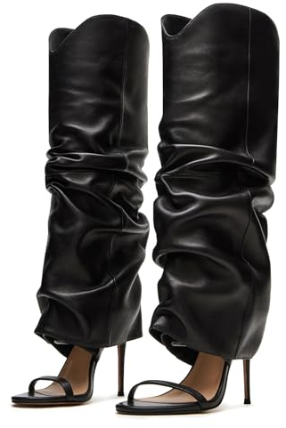 Yishaweiqi Slouched Ruched Knee High Heels for Women Pull On Wide Calf Sandals Round Open Toe Stiletto Heels