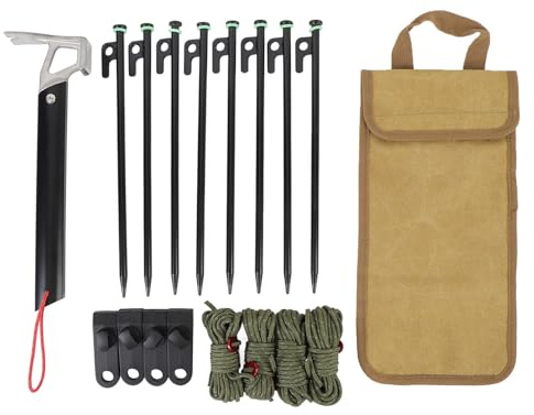 Stabiler Zeltnagel 30 cm - Robustes Erdnägel Set mit 4mm Zeltschnüren & fluoreszierenden Zeltheringen, sturmsicher, leicht, inklusive Hammer & Canvas - Tasche für Camping, Wa (Khaki)