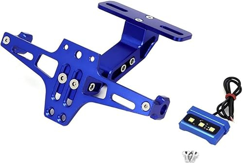 Motorbike Number Plate Holder, Adjustable Motorcycle License Plate Bracket Fender Eliminator Kit, Universal Tail Tidy Mount with LED Light Aluminum Alloy Replacement Bracket (Blue)