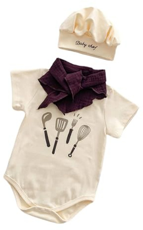 MZRAN 3pc Newborn Photoshoot Essential Chefs Costume Set Soft Cotton Romper With Matching Hat Easy Wear Snaps Button Closure Baby Chefs Photography Props With Snap Closure