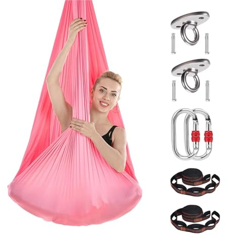 NDSJAIE Columpio Yoga Aereo Juego Completo de 4x2,8 m, Hamaca aérea Seda for Yoga, Ejercicios tracción inversión, antigravedad, Pilates, Columpio Trapecio(Pink)