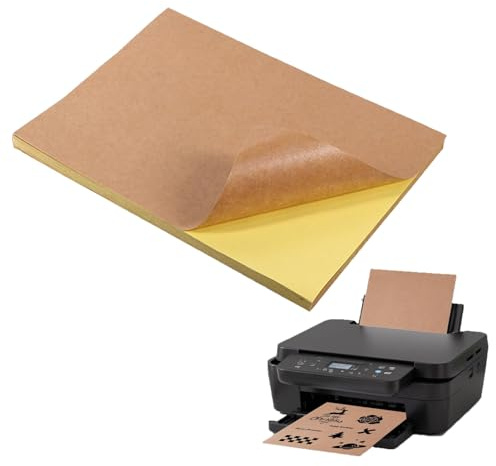 Yuannee tryckbart kraftpapper klistermärken, 30 st A4 kraftpapper självhäftande klistermärken etiketter klistermärken papper kraftpapper skrivarpapper självhäftande kopieringspapper för lasertryck