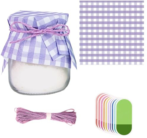 Jam Jar Decoration Kit 50 Gingham Paper Doilies 100 Smiley Self Adhesive Labels 30m Twine Complete Fresh Cottage Style Set for Homemade Jam Preserves Canning Accessories Gifts (Purple)