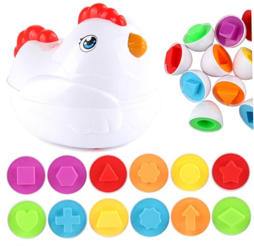 Ameble 12Pcs Montessori Geometric Matching Eggs Toddler Easter Toys with Pull-Along Chicken Box, Shapes & Colors Fine Motor Skills Toys for Boys Girls