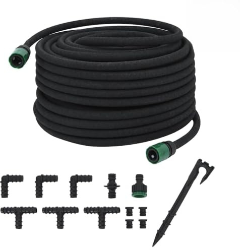 Tropfschlauch Schwarz 0,6 50 m Gummi Gartenschlauch flexibel knickfest für Garten Terrasse Balkon Bewässerung mit Anschluss Kupplung Adapter und Zubehör für Rasen Beet Gewächshaus