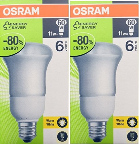 2 x Osram Kompaktleuchtstofflampe DULUX VALUE R63 Reflektoren 11 W = 60 W ES E27 Leuchtmittel, energiesparend Lumilux warm weiß 2700 K 220–240 V 50/60 Hz 80 CD