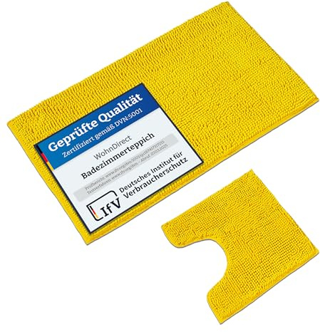 WohnDirect Badematten & Badteppiche Set 2 teilig Gelb • WC Vorleger mit Ausschnitt 45x45cm + Badematte rutschfest 70x120cm groß • Badvorleger rutschfest waschbar • Badezimmerteppich ÖkoTex