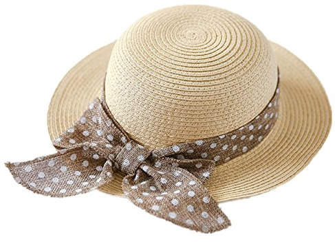 Magracy Baby Girls Straw Hat Lovely Sun Protection Hats Summer Bowknot Beach Cap for Kids 54cm 4-7 Years Beige