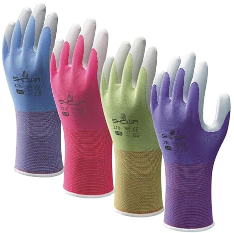 SHOWA Floreo 370 Gardening Gloves for Women & Men – 4 Pairs Multicolour Nitrile-Coated Garden Gloves with Touchscreen Grip – Lightweight, Breathable & Comfortable Fit - Medium
