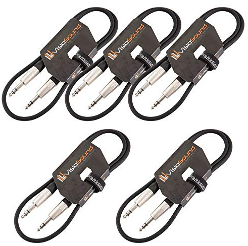 6.35mm 1/4 Stereo TRS Jack to Jack Balanced Audio Cable 5 Pack Black 1m | 5 x Noiseless OFC Balanced Signal, Audio, Patch Cable / 8 Colours