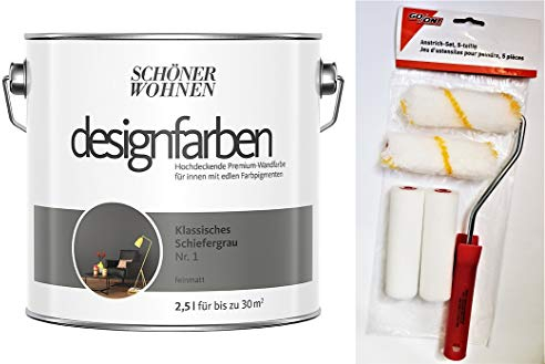 Schöner Wohnen designfarben feinmatte Wandfarbe für innen 2,5 Liter mit go/on Rollen-Set 5-tlg (Nr 1 Klassisches Schiefergrau)