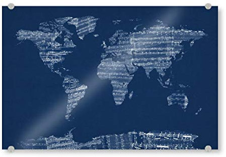 artboxONE Acrylglasbild 60x40 cm Musik Map of The World Map from Old Sheet Music blau - Bild Weltkarte