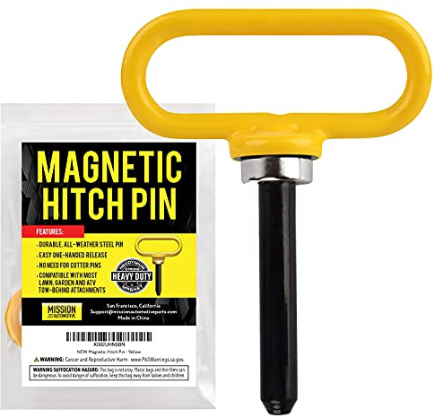 MISSION AUTOMOTIVE Broche d'attelage magnétique jaune - Broche d'attelage pour tondeuse à gazon et remorque - Aimant en néodyme ultra fort pour accrocher et décrocher d'une seule main