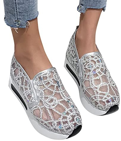 KBOPLEMQ Baskets pour femme - Talon compensé - Respirantes - En dentelle - Pour l'été - Pour la marche - À paillettes, argenté, 37 EU