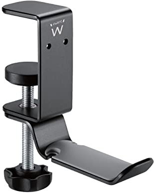 Ewent EW1585 Soporte Universal para Auriculares, Brazo Giratorio Multifunción Ajustable 360 ​​​​con Organizador de Cables,Abrazadera de Escritorio Ajustable,Soporte de Aluminio para Auriculares,Negro